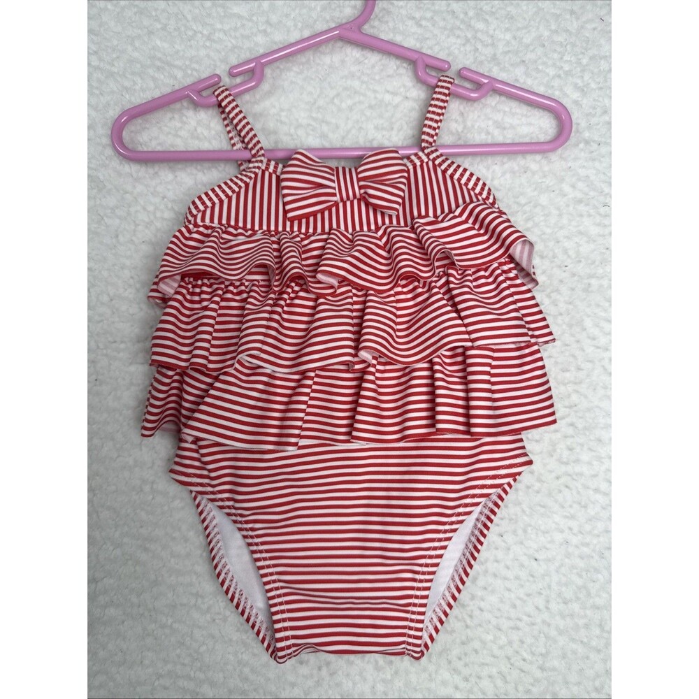 (N2)Janie & Jack Baby Toddler Girl Swim Suit Red & White Stripe Ruffle 6 To 12mo